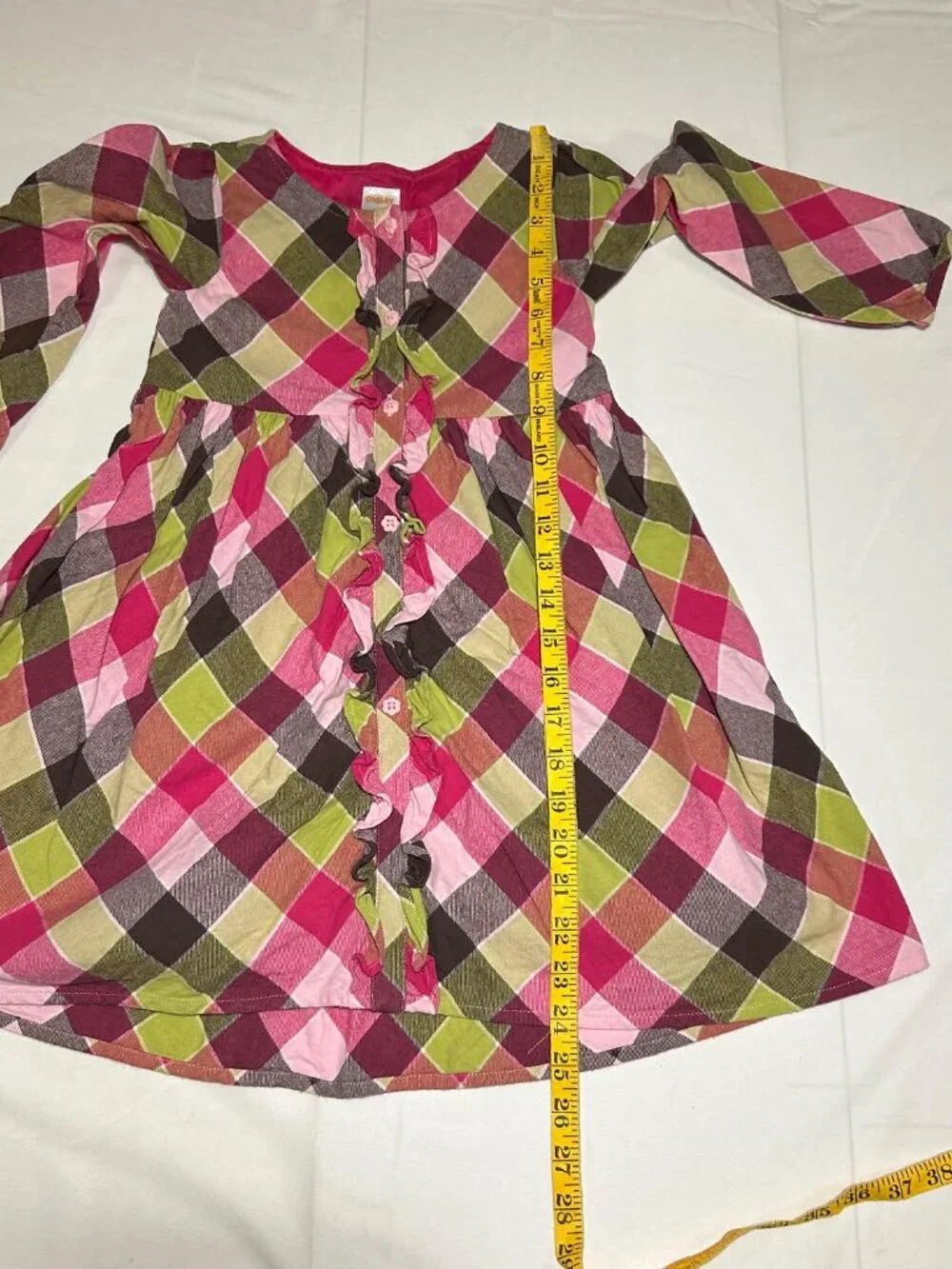 Gymboree Girls Size 5T Pink Green Plaid Ruffle Long Sleeve Dress Party